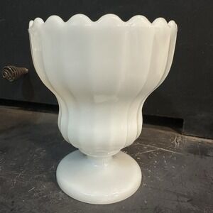 Vintage Milk Glass Vase‎ 8 Inch Tall Scalloped Rim Footed Ribbed Planter Flowers